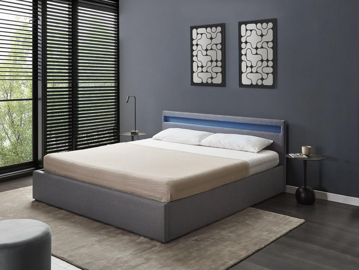 POSTEL s úložným prostorem a LED-Beleuchtung 180/200 cm Látka Tmavě šedá Armelle - tmavě šedá, textil (180/200cm) - Beliani