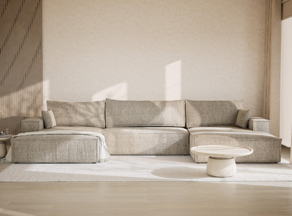 WOHNLANDSCHAFT Kyoto Beige Chenille-Stoff - Beige/Schwarz, Holz/Holzwerkstoff (398/70/148cm) - Maison de Reve