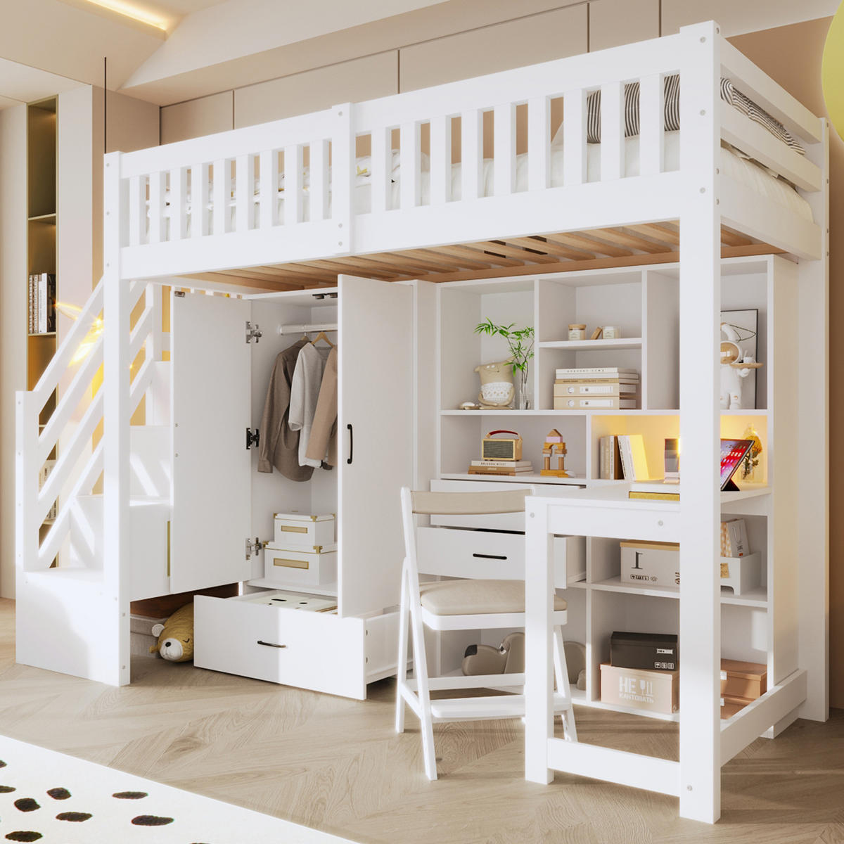 HOCHBETT 90/200 cm in Weiß – mit Schreibtisch, Kleiderschrank und Stauraum - Weiß, Holz (90/200cm) - BEAOK