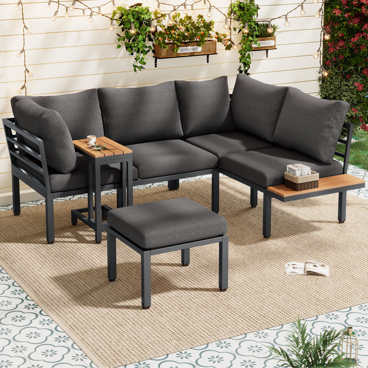 GARTENLOUNGE-SET mit Sofa,Beistelltisch&Fußhocker,Gartenmöbel-Set aus verzinktem Stahl - Grau, Textil/Metall - STILVORA
