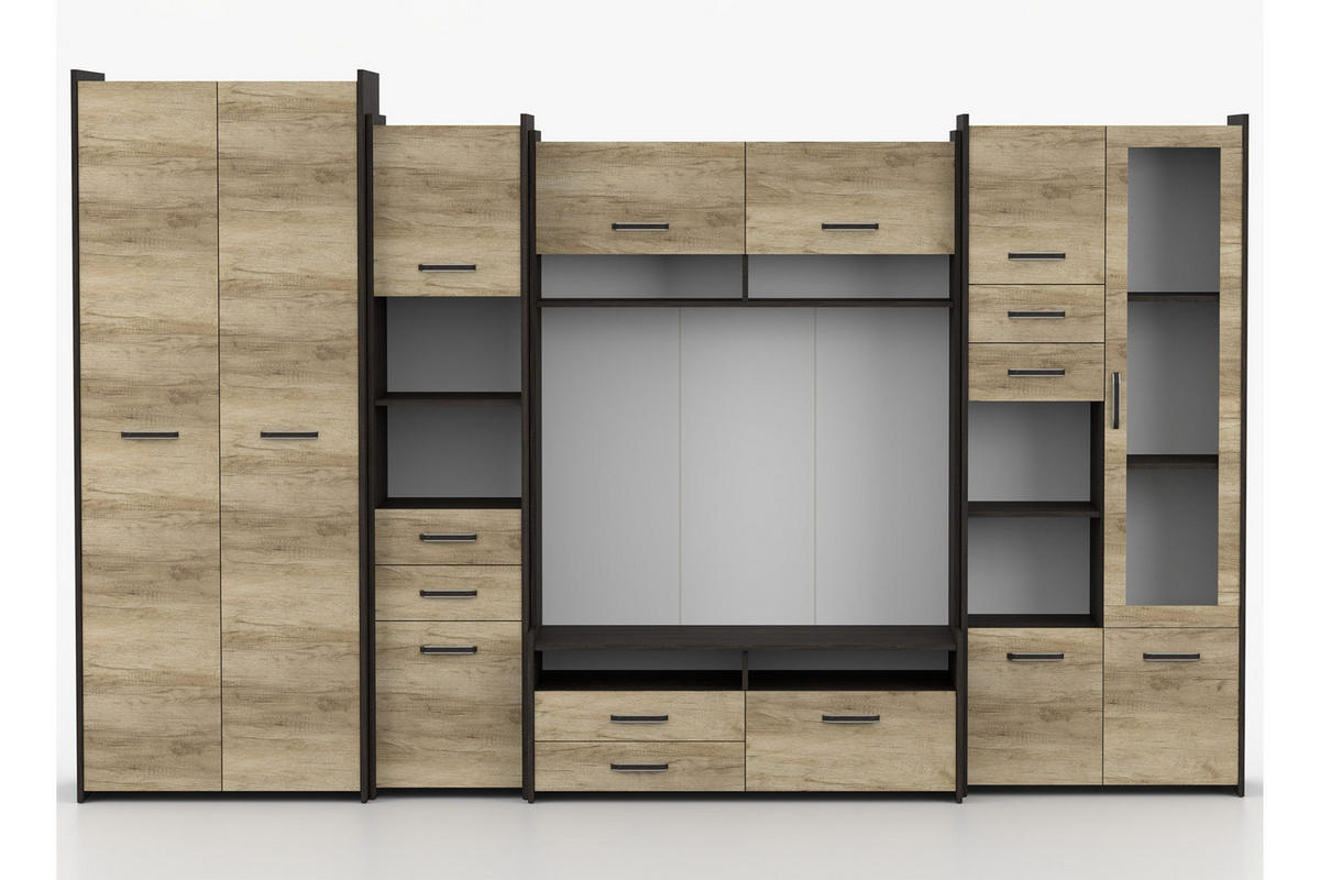 WOHNWAND MAURO S 310 cm in Eiche Canterbury / Eiche Country Grey - Eichefarben, Holzwerkstoff (310/200/53cm) - Deine Möbel 24