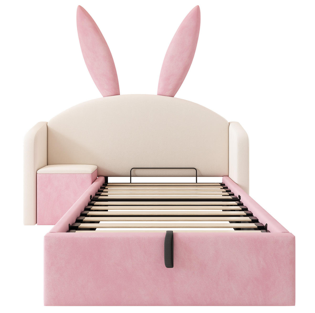 KINDER-POLSTERBETT 90x190 cm in Beige-Rosa mit Hasenohren, Stauraum und Nachttisch - Beige, Textil (90/190cm) - IVMEU