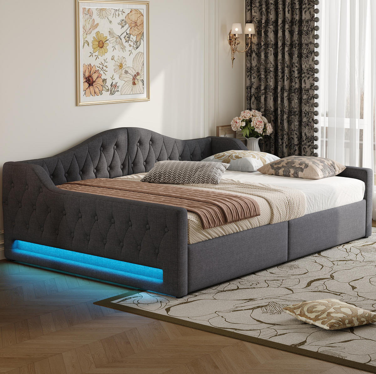 POLSTERBETT 140/200 cm mit LED-Beleuchtung und Bettkasten in Grau - Grau, Holzwerkstoff (140/200cm) - BEAOK