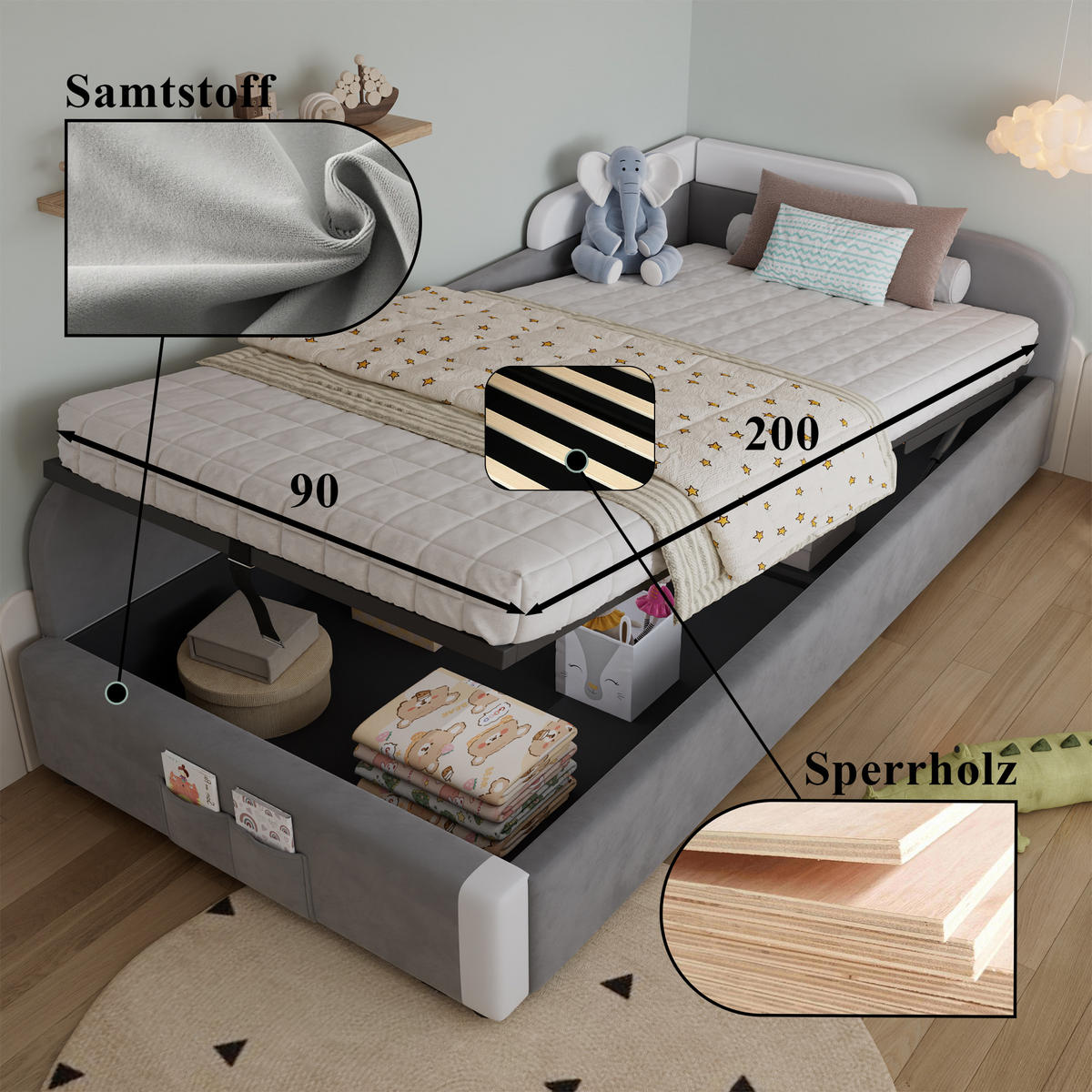 KINDERBETT 90/200 cm in Weiß & Grau Samt mit Bettkasten und Aufbewahrungstasche - Weiß/Grau, Holzwerkstoff/Textil (90/200cm) - WISHDOR