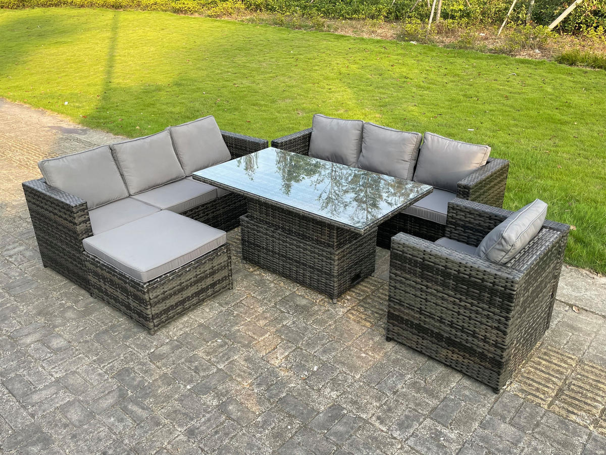 SITZGRUPPE Polyrattan 8-Sitzer - Dunkelgrau/Grau, Glas/Kunststoff - Fimous
