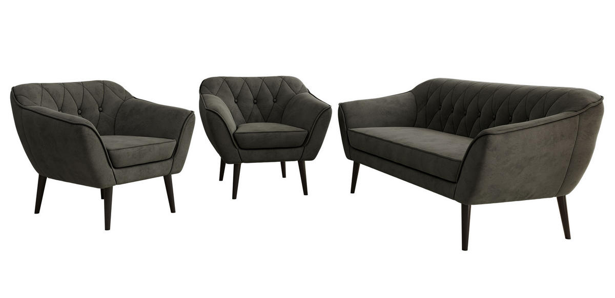 SITZGARNITUR PIRS 3+1+1 - Dunkelgrau Velvet - Schwarze Beine - Dunkelgrau/Schwarz, Holzwerkstoff/Textil (180/75/74cm) - MKS