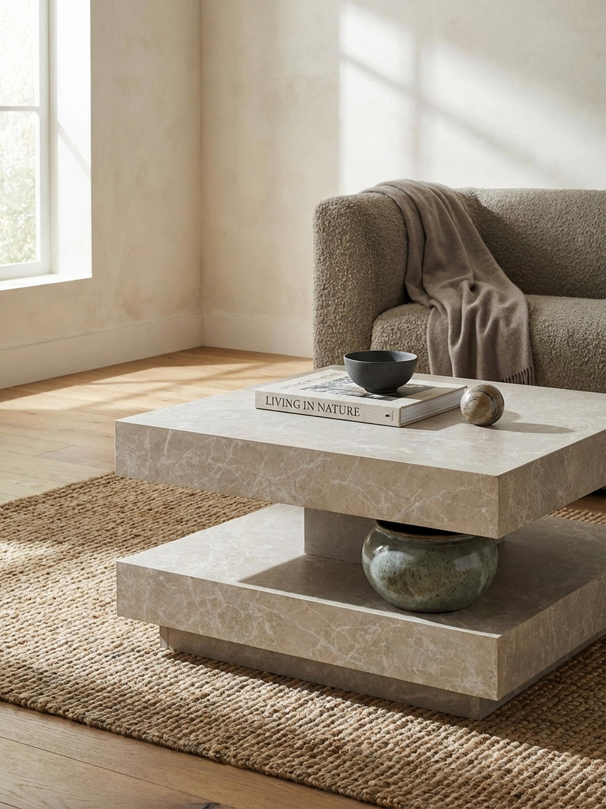 COUCHTISCH in Stein-Optik mit Stauraum, Modernes Design, Quadratisch, Beige 60x60x34 cm - Beige, Holzwerkstoff (60/60/34cm) - KADIMA DESIGN