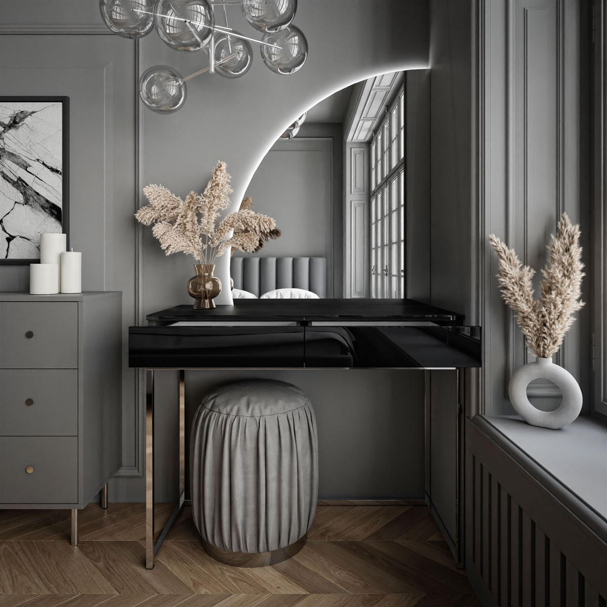 SCHMINKTISCH schwarz QUINNIE GLAMOUR mit LED-Spiegel links PUSH OPEN - Silberfarben/Schwarz, Holzwerkstoff (100/176/42cm) - Lookway