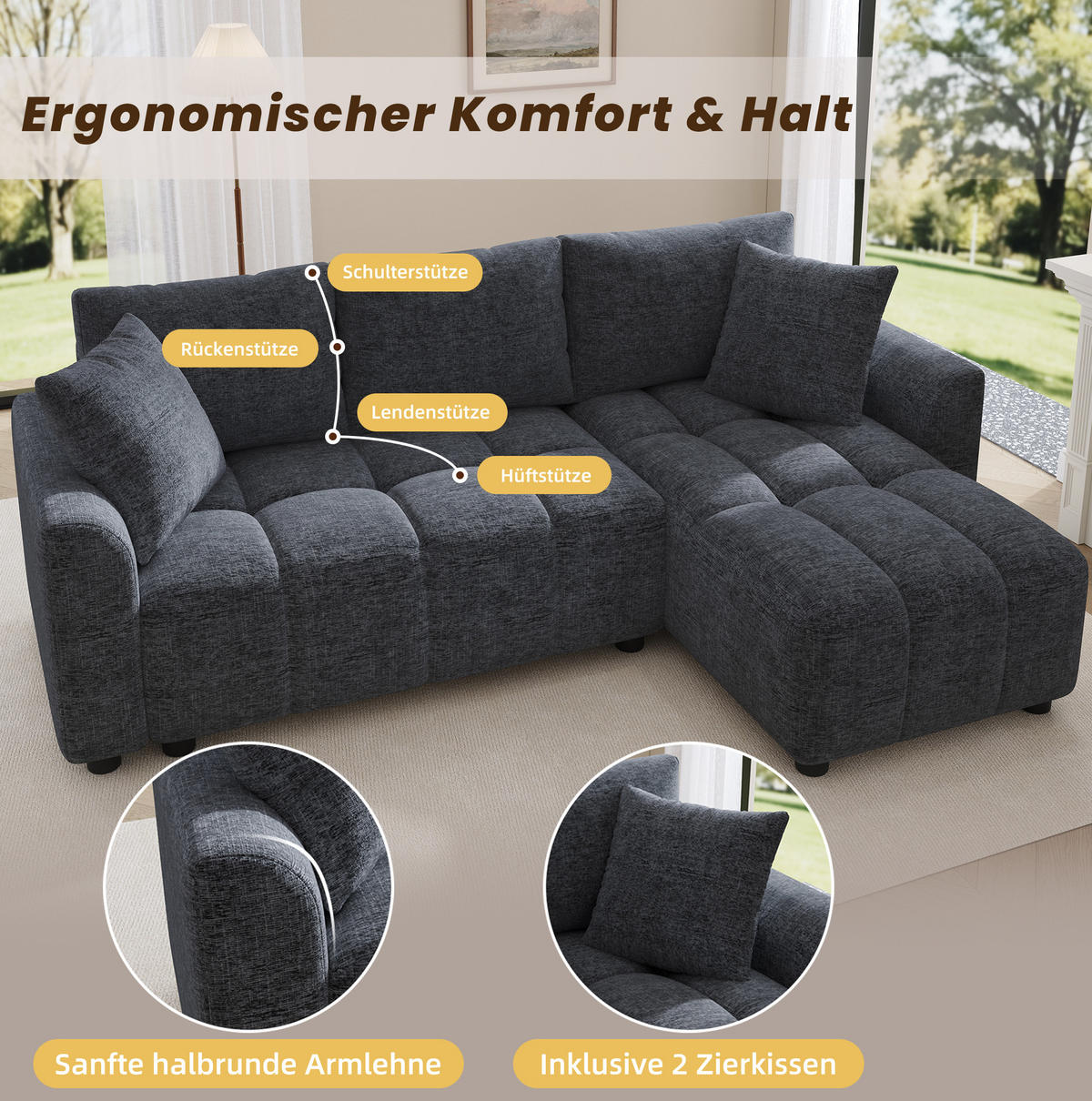 ECKSOFA 204/127/82,5 cm grau aus Chenille mit Chaiselongue - Grau, Textil (127/204cm) - OKWISH