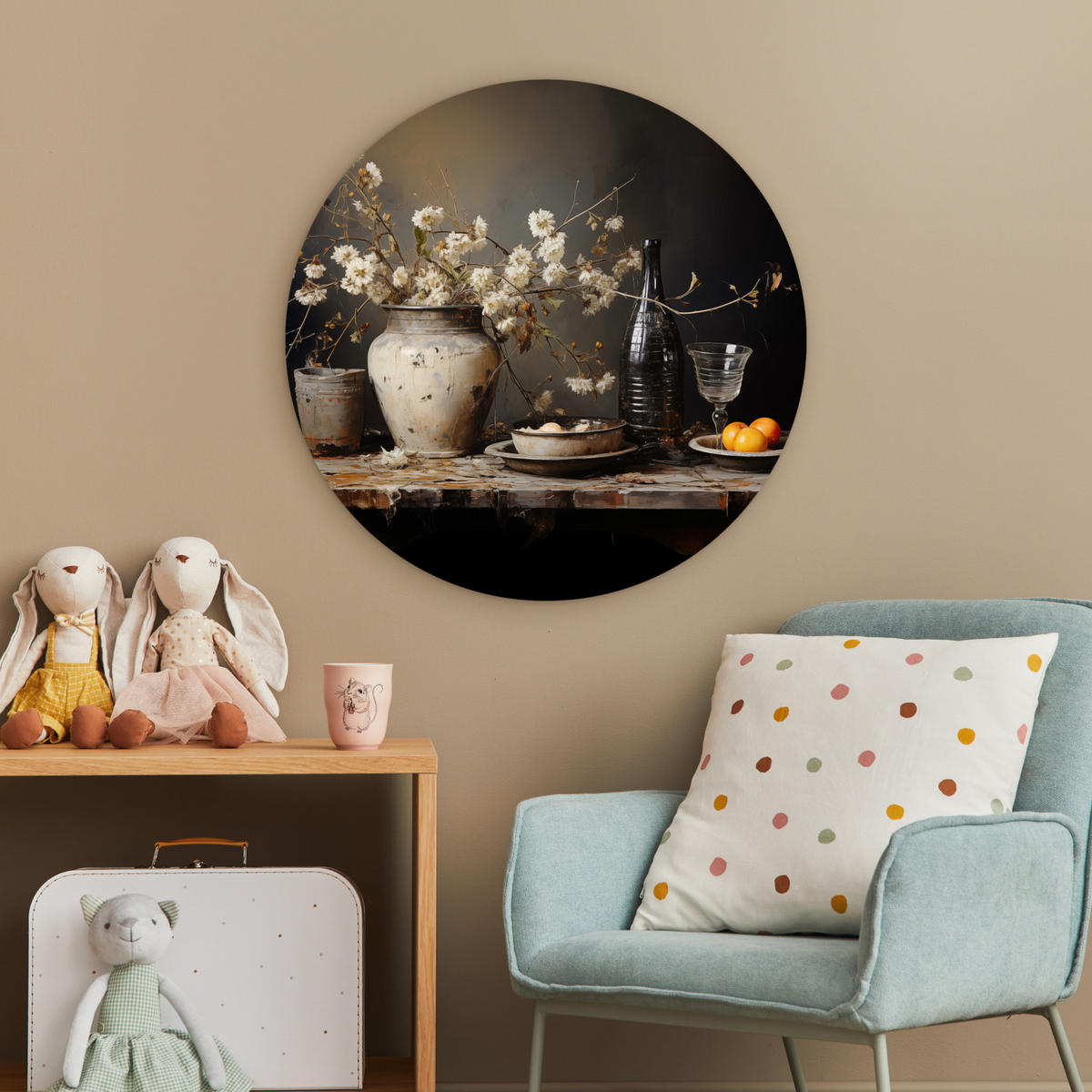 WANDBILD Stilleben - Blumen - Blumenstrauß - Vase - Wein 60x60 cm - Hellgrau, Kunststoff (60/60cm) - MuchoWow