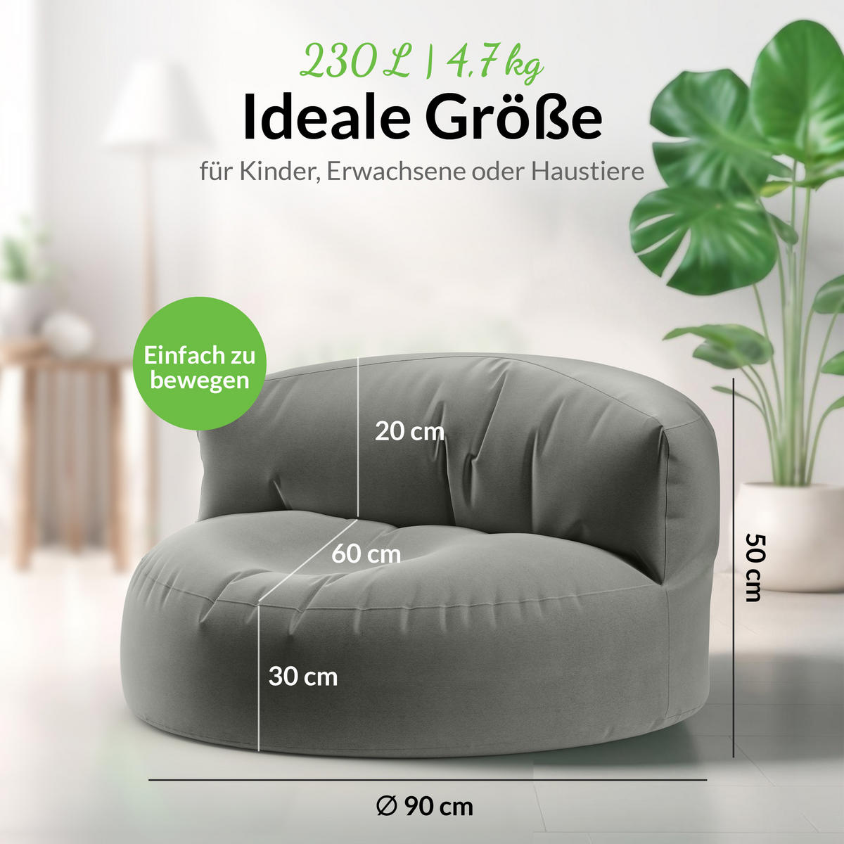 INDOOR OUTDOOR SITZSACK Lounge Sofa - Grau, Textil (90/50/50cm) - Green Bean