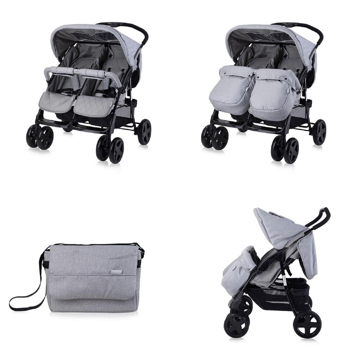 GESCHWISTERKINDERWAGEN TWIN Wickeltasche Einhand-Klappsystem Fußabdeckung - Schwarz, Metall (86/84/110cm) - Lorelli