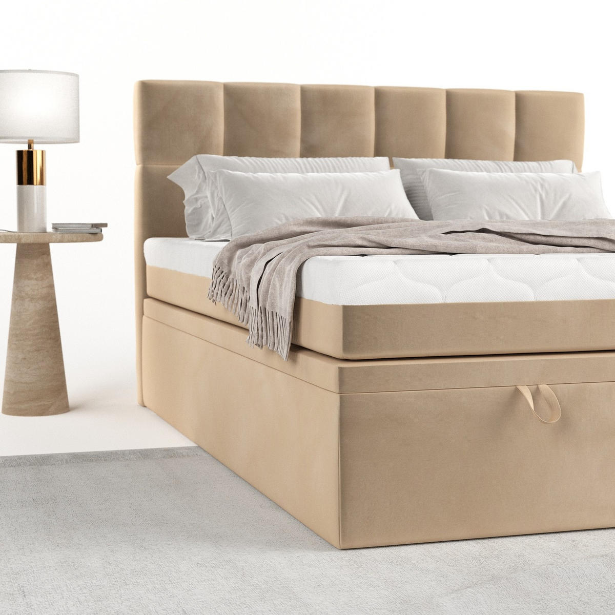 BOXBETT Elano 160/200 cm Beige im Kronos Stoff - Beige/Schwarz, Holz/Holzwerkstoff (160/200cm) - AltaBeds