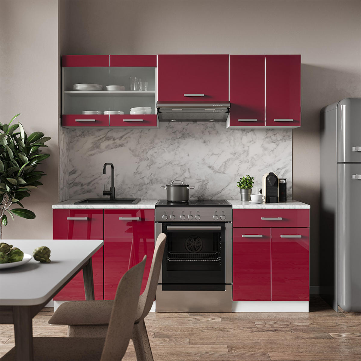 KÜCHENZEILE R-Line Bordeaux Hochglanz/Weiß 200 cm, AP Eiche - Bordeaux/Weiß, Holzwerkstoff (200/81.6/60cm) - Vicco