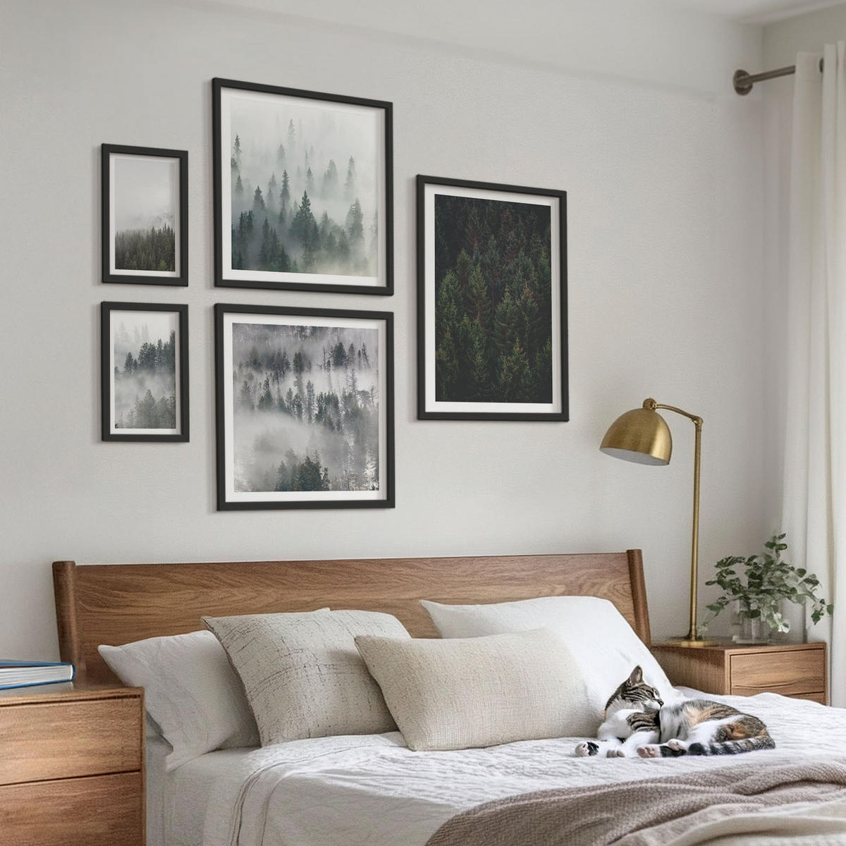 WANDBILDER 5er-Set - 50x50 cm & 20x30 cm & 40x60 cm Schwarzer Rahmen - Grüne Wälder, neblige Landschaft - Schwarz, Kunststoff (40/60cm) - ArtPrintCave