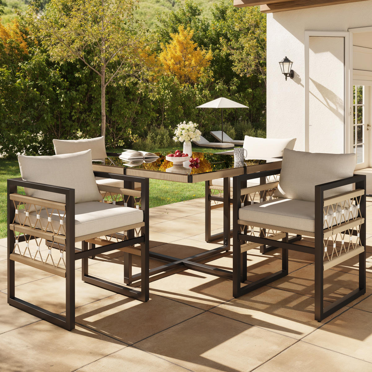 GARTENSET 4 Personen Beige Inkl. Glastisch & 4 Sesseln - Beige, Metall - FLIEKS