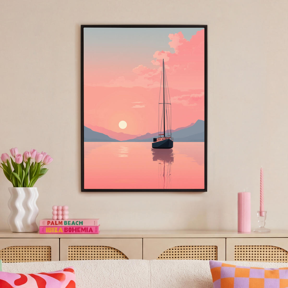 LEINWAND Bilder mit Rahmen - Segelboot - Rosa Meer - Sonnenuntergang - Berge - 70x100 - Rosa, Textil (70/100cm) - MuchoWow