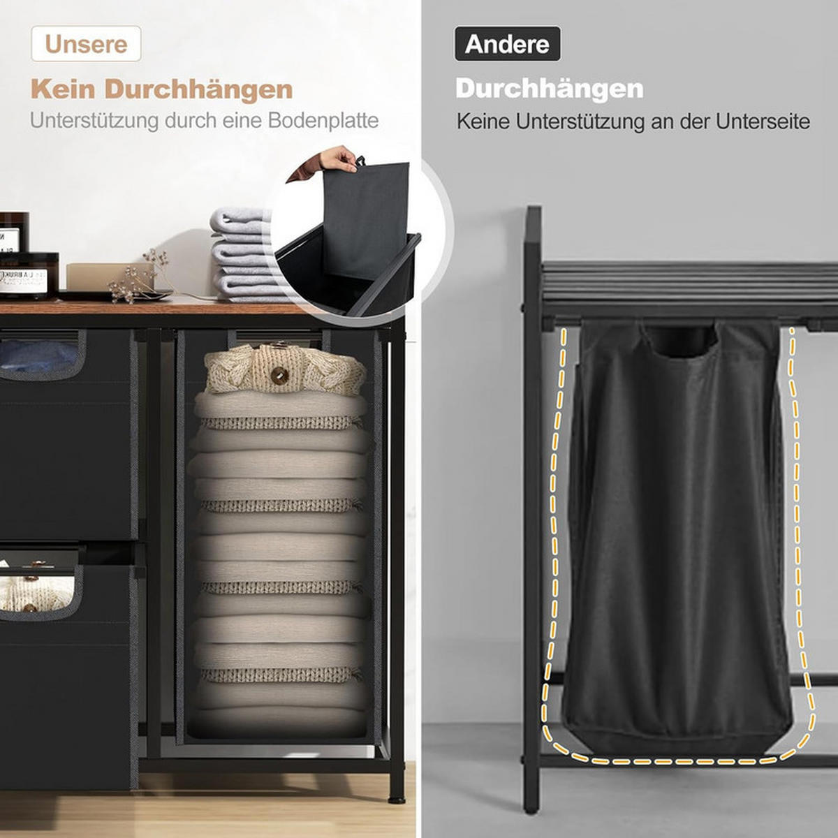 WÄSCHEKORB mit Ablage schwarz - Schwarz, Metall (65.5/72/33cm) - COSTWAY
