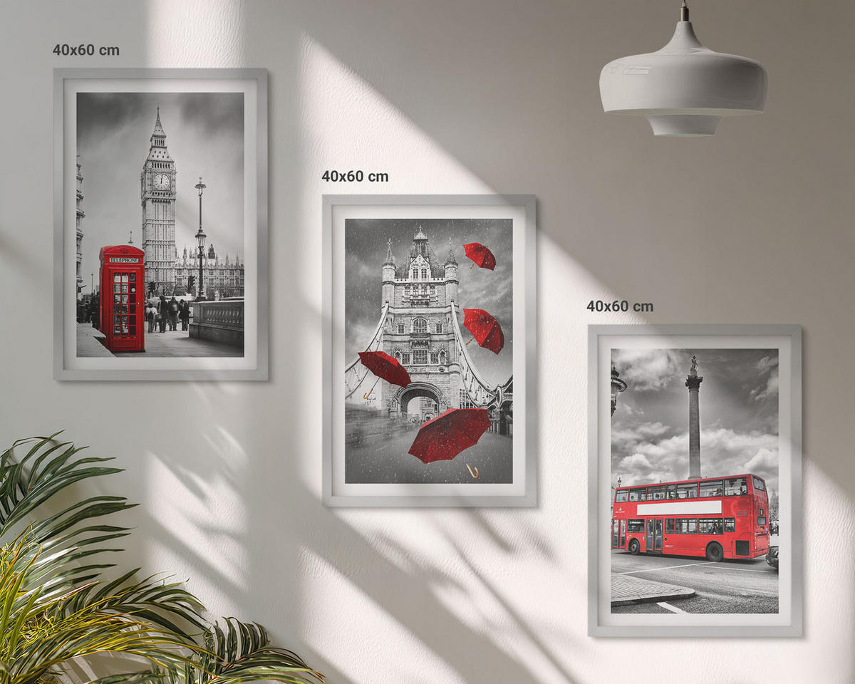 WANDBILDER 3er Set - 40x60 cm Silberner Rahmen - Roter Regenschirmstand und Londoner Bus - Silberfarben, Kunststoff (40/60cm) - ArtPrintCave