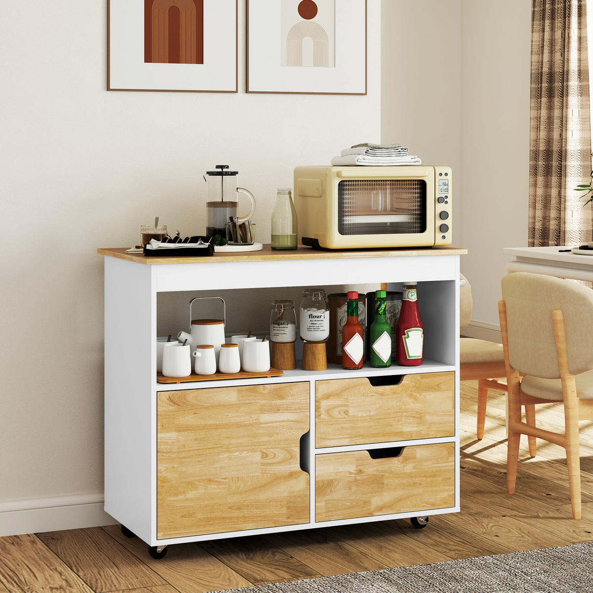 KÜCHENWAGEN Servierwagen mit Arbeitsplatte, Schubladen, Küchenschrank, Eiche - Eichefarben, Holz (50/85/107cm) - HOMCOM