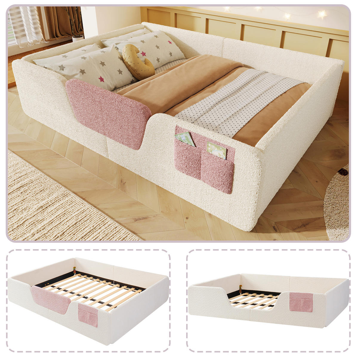 KINDERBETT 140/190 cm in Beige Samt mit abnehmbaren Seitengittern und Stofftasche - Beige, Holzwerkstoff/Textil (140/190cm) - WISHDOR