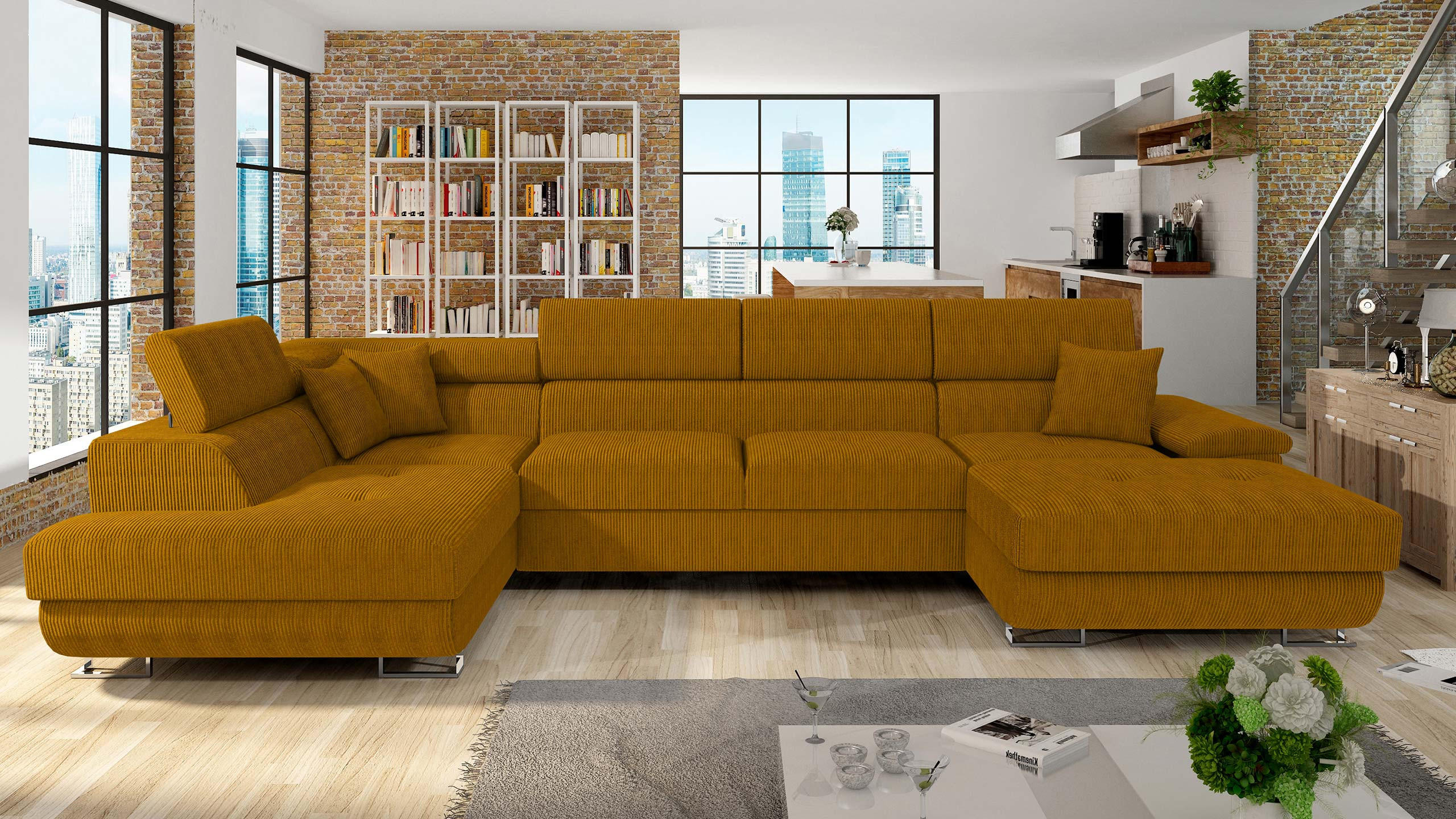 WOHNLANDSCHAFT Cotere Bis Cord, Seite: Links - Bronzefarben, Holz (345/91/202cm) - MIRJAN24