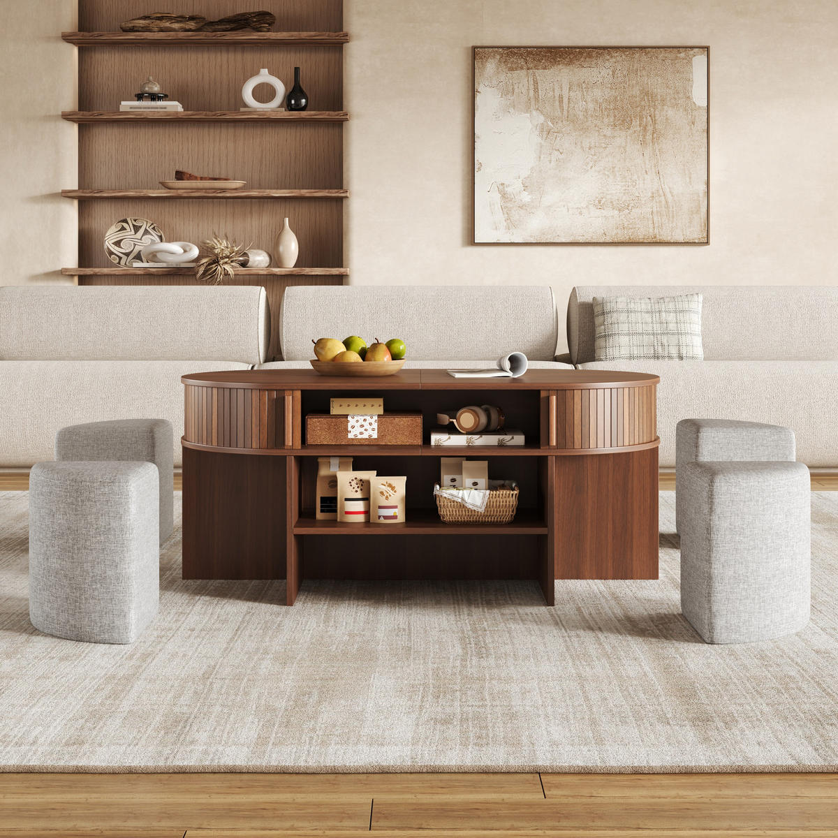 COUCHTISCH Oval Stauraum Rillenoptik mit Hockern Modern - Walnussfarben, Holzwerkstoff (60/120/51.5cm) - FLIEKS