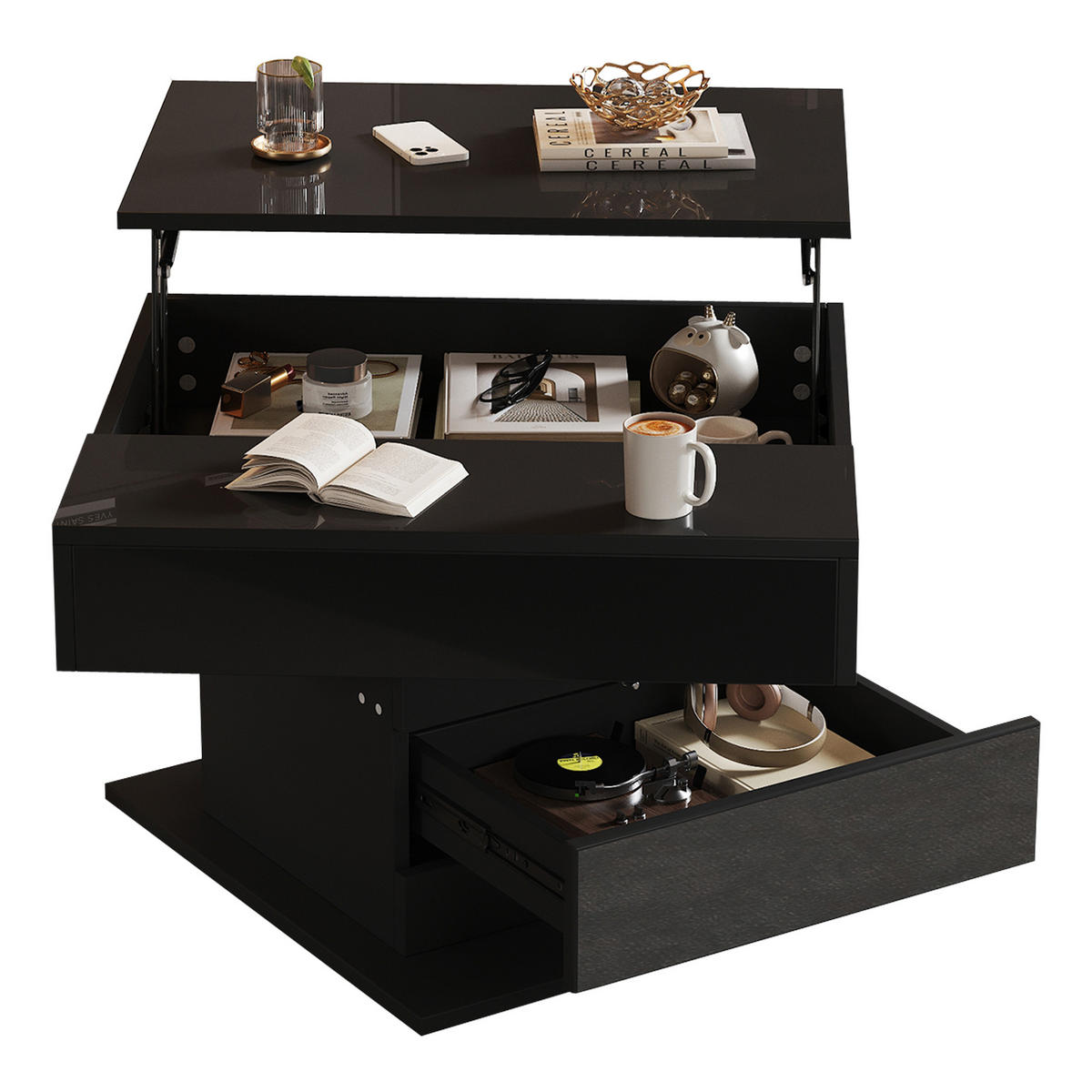 COUCHTISCH 70/70 cm Schwarz mit hochklappbarer Tischplatte, 1 Schublade und Drehfunktion - Schwarz, Holzwerkstoff (70/70/45cm) - OKWISH