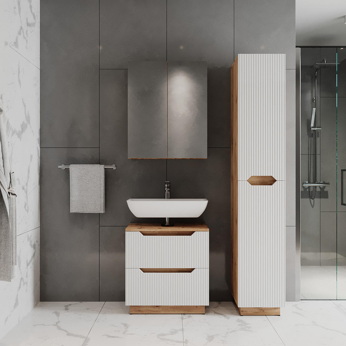 KOUPELNOVÝ NÁBYTEK Lotta Dub/bílý pruhovaný - bílá/barva dubu, kompozitní dřevo (59.8/62.5/32cm) - Vicco