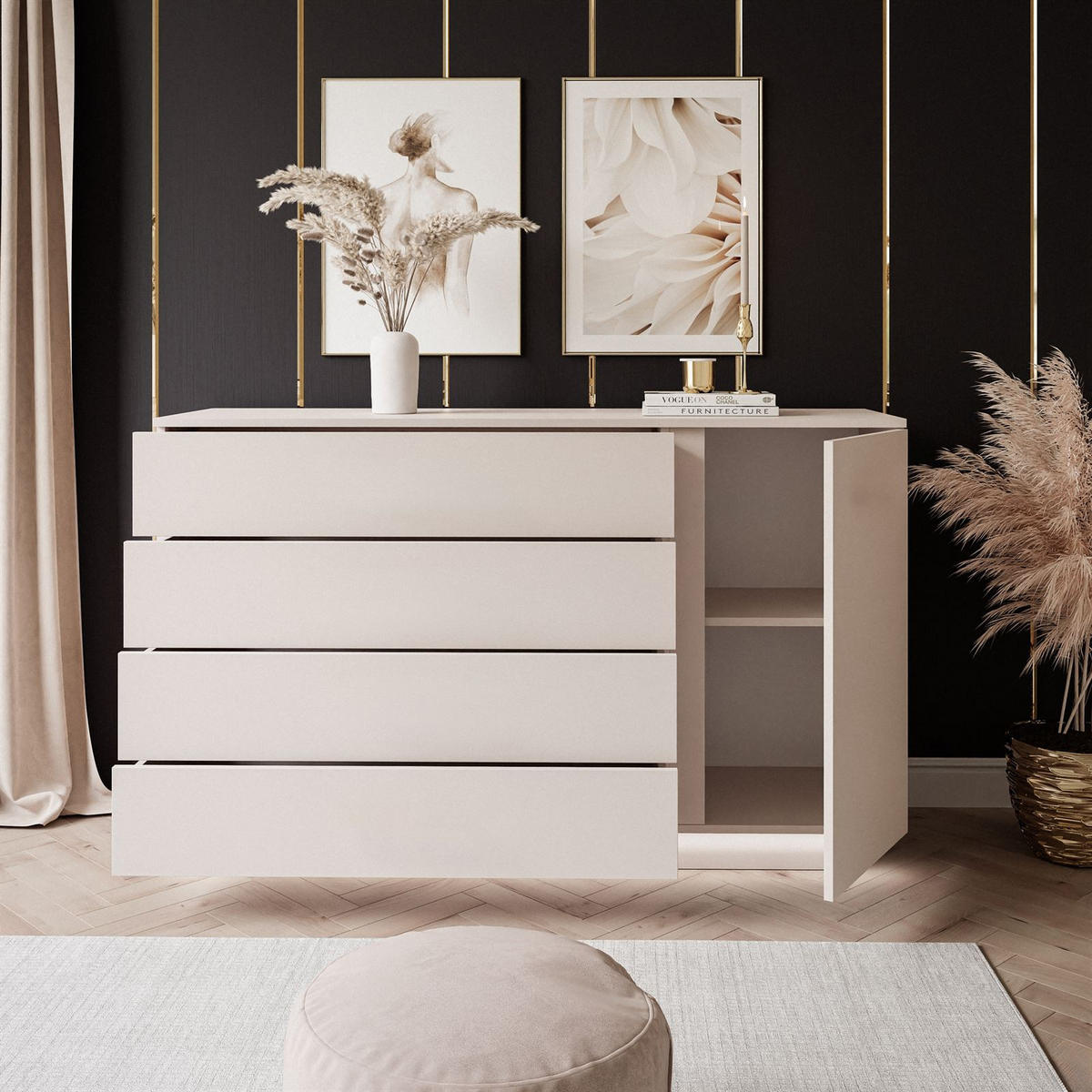 KOMMODE LINA KASCHMIR II 1D4S mit LED-Beleuchtung Push-Open-System - Kaschmir/Beige, Holzwerkstoff (138/84/40cm) - Lookway