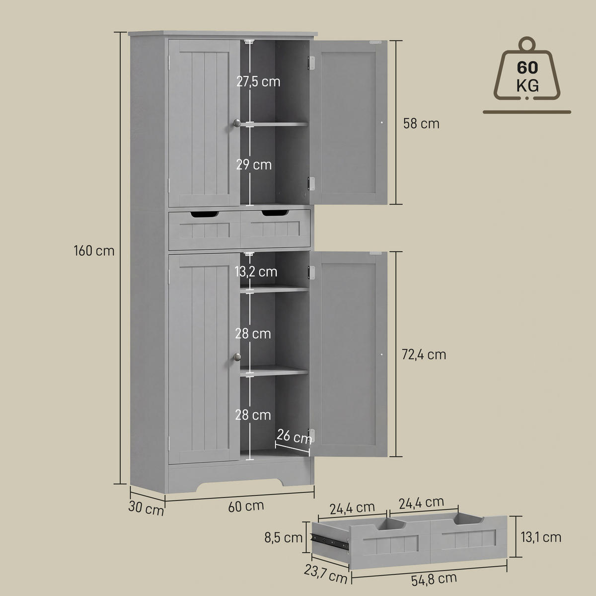 MIDISCHRANK DE-12543 60/30/160 cm Grau - Grau, Holzwerkstoff (30/160/60cm) - ComfortXL