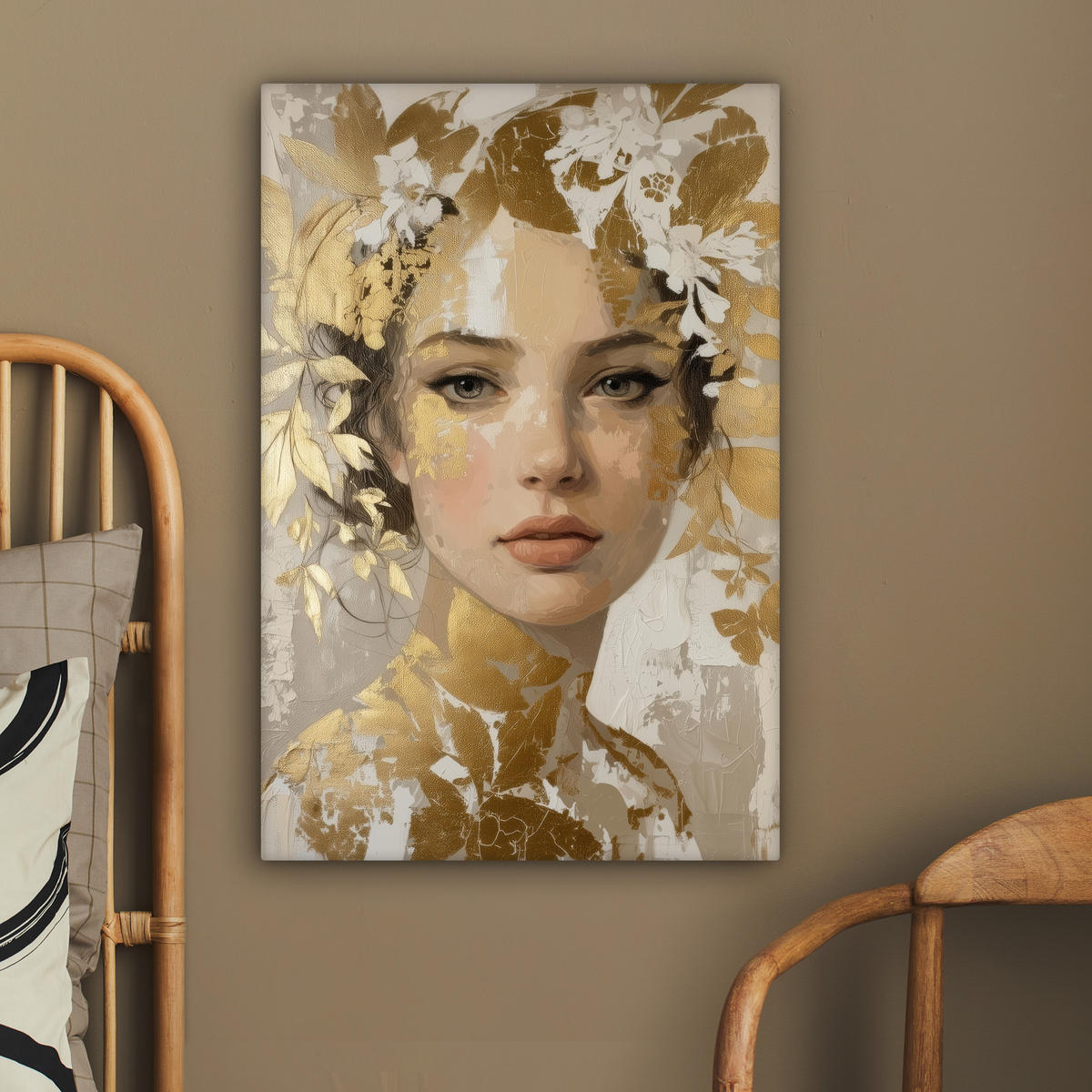 LEINWANDBILD Gesicht - Frau - Blätter - Gold Wanddeko Schlafzimmer 60x90 cm - Beige, Textil (60/90cm) - MuchoWow