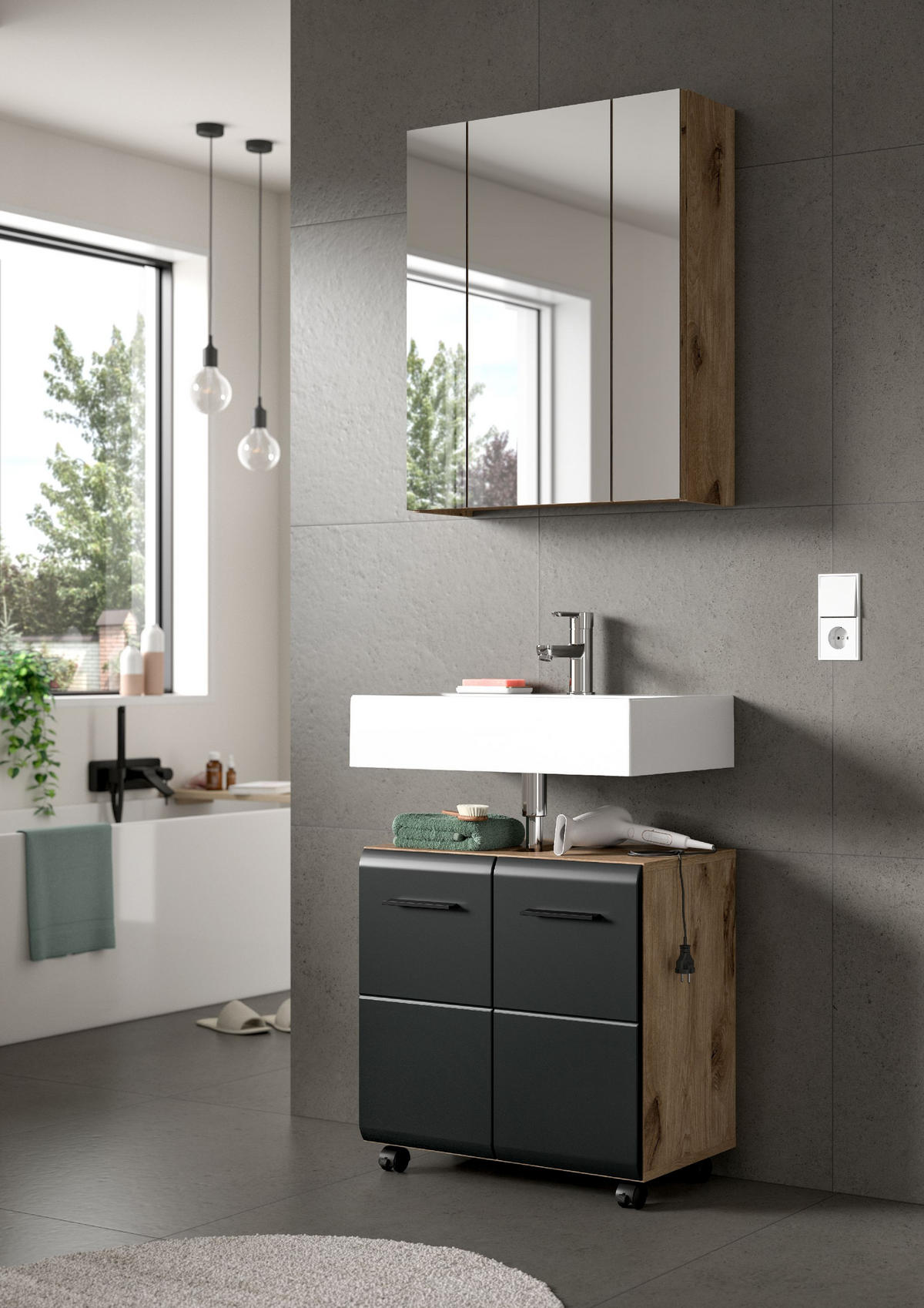 WASCHBECKENUNTERSCHRANK AUF ROLLEN Ice schwarz matt 60/30/58 cm - Braun, Holzwerkstoff (60/58/30cm) - Xonox