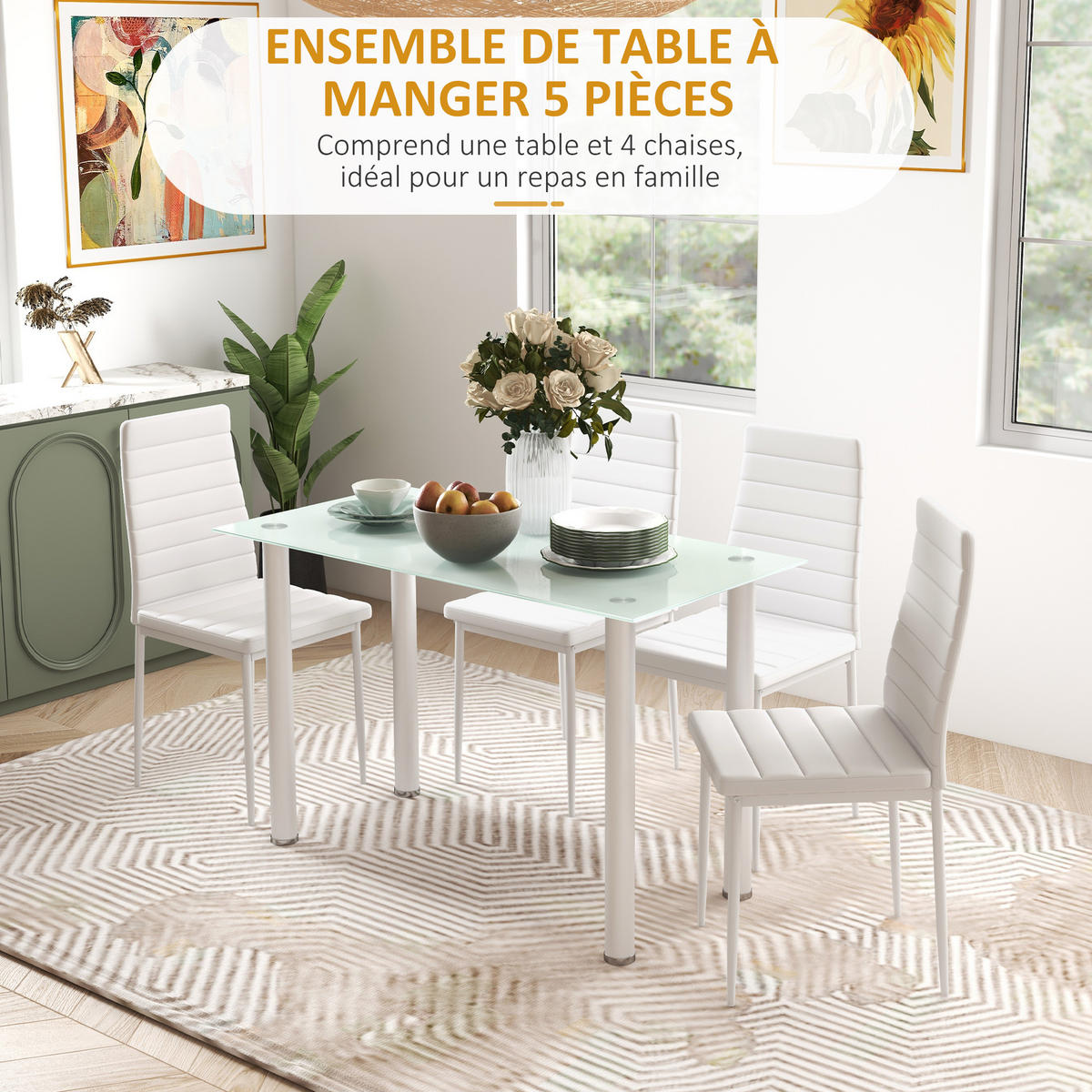 ESSGRUPPE mit 4 Stühlen, Tischplatte aus gehärtetem Glas, Stahlbeine, für Küche oder Wohnzimmer, weiß - Weiß, Metall (120/75/60cm)