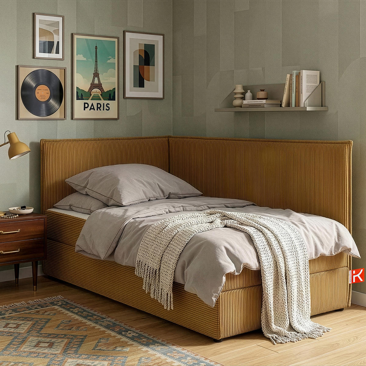 JUGENDBETT ROTI Einzelbett mit Bettkasten, 90x200cm, Bett mit Bonellmatratze, mit Rückenlehne - Gelb/Schwarz, Holz/Holzwerkstoff (92/200cm) - KONSIMO®