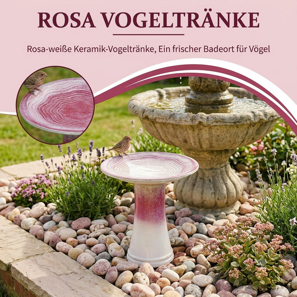 VOGELBAD mit Standfuß, Keramik Ø43/45H cm, Wetterfest, Rosa-Weiß - Pink, Keramik (43/45/43cm) - LVHOM