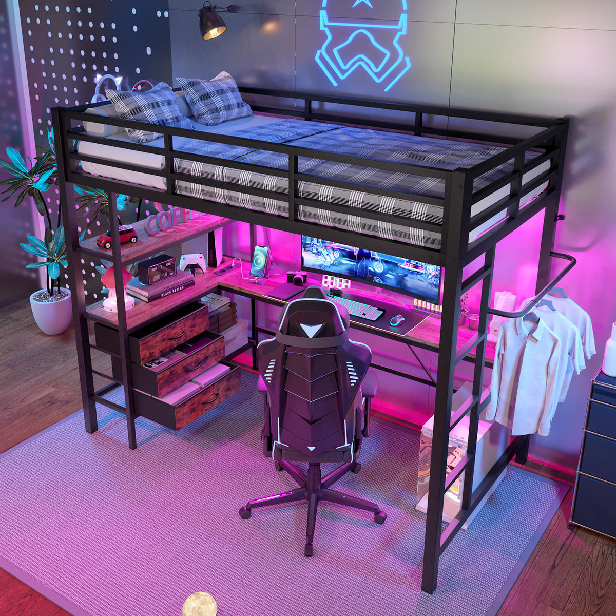 HOCHBETT 90x200cm Schwarz LED-Licht Schreibtisch Steckdose USB 3 Schubladen - Schwarz, Metall (90/200cm) - FLIEKS