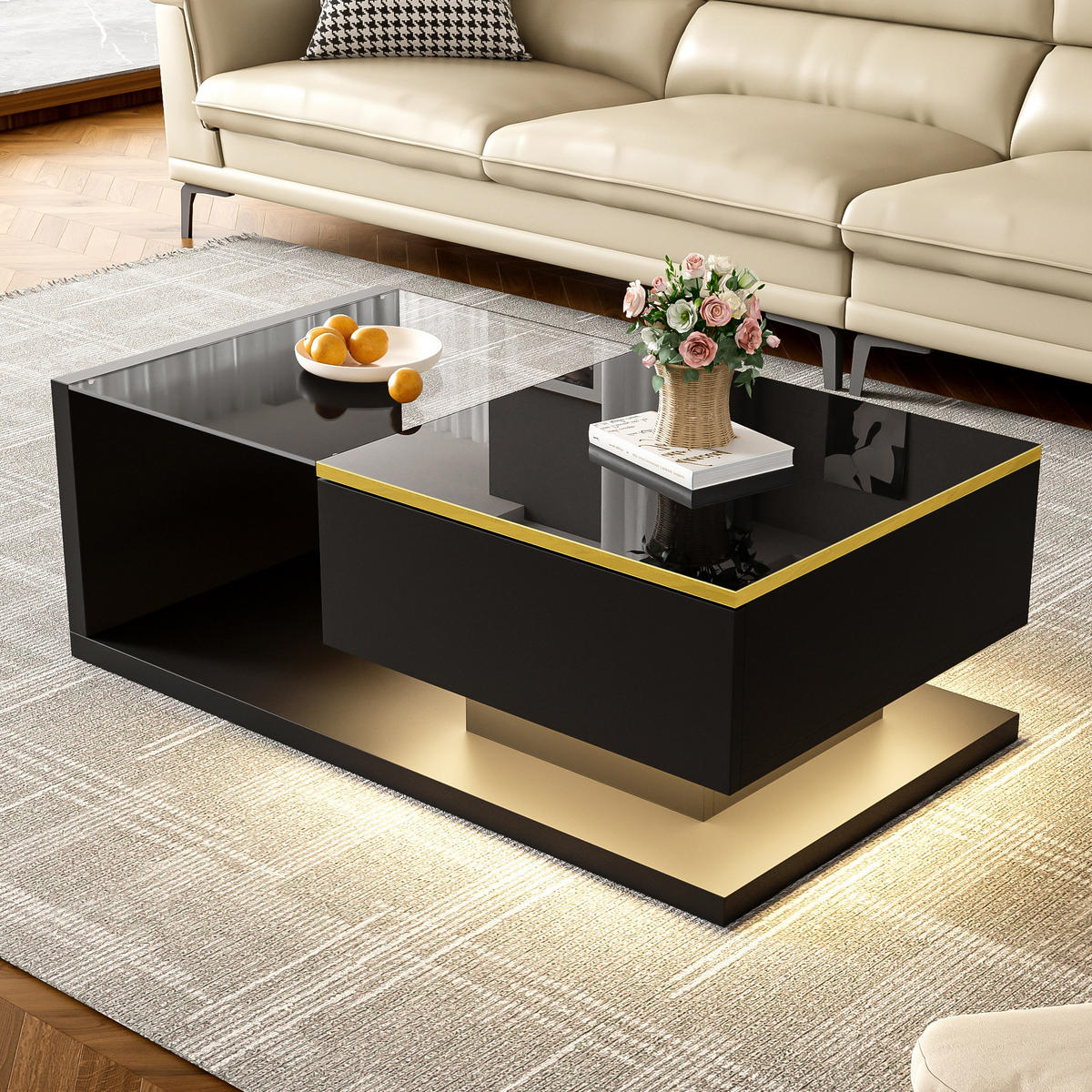 KONFERENČNÍ stolek 90/50/32,5 cm černý z dřevotřísky s tvrzeným sklem a LED osvětlením - černá, kompozitní dřevo (90/50/32.5cm) - OKWISH