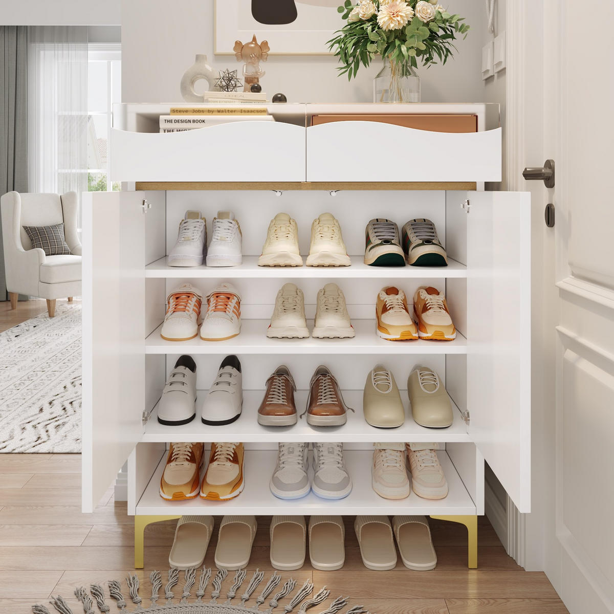 SCHUHSCHRANK aus MDF & Spanplatte 80x35x105cm in Weiß mit LED-Beleuchtung - Weiß, Holzwerkstoff (80/105/35cm) - Modfu