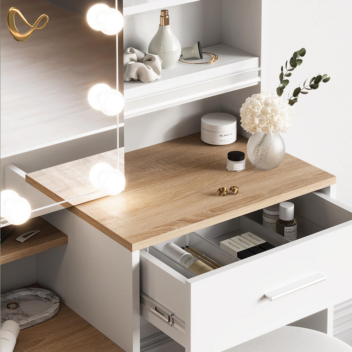 SCHMINKTISCH Loreta Weiß/Sonoma 80 cm - Weiß/Sonoma Eiche, Holzwerkstoff (80/131.6/36cm) - Livinity®