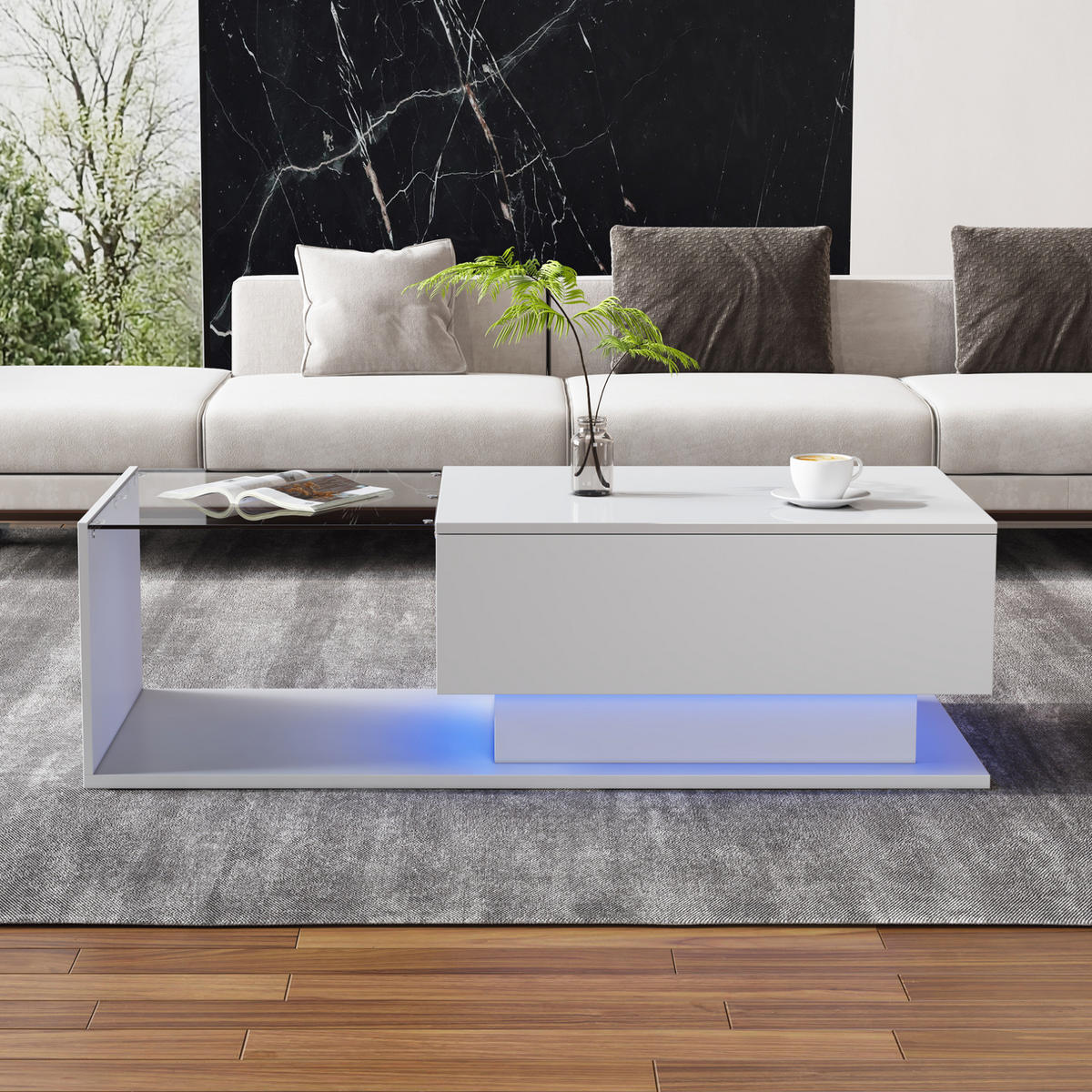 COUCHTISCH mit Schublade 100x50x32 cm Weiß Glas mit LED - Weiß, Holzwerkstoff (100/50/32cm) - Meubliv