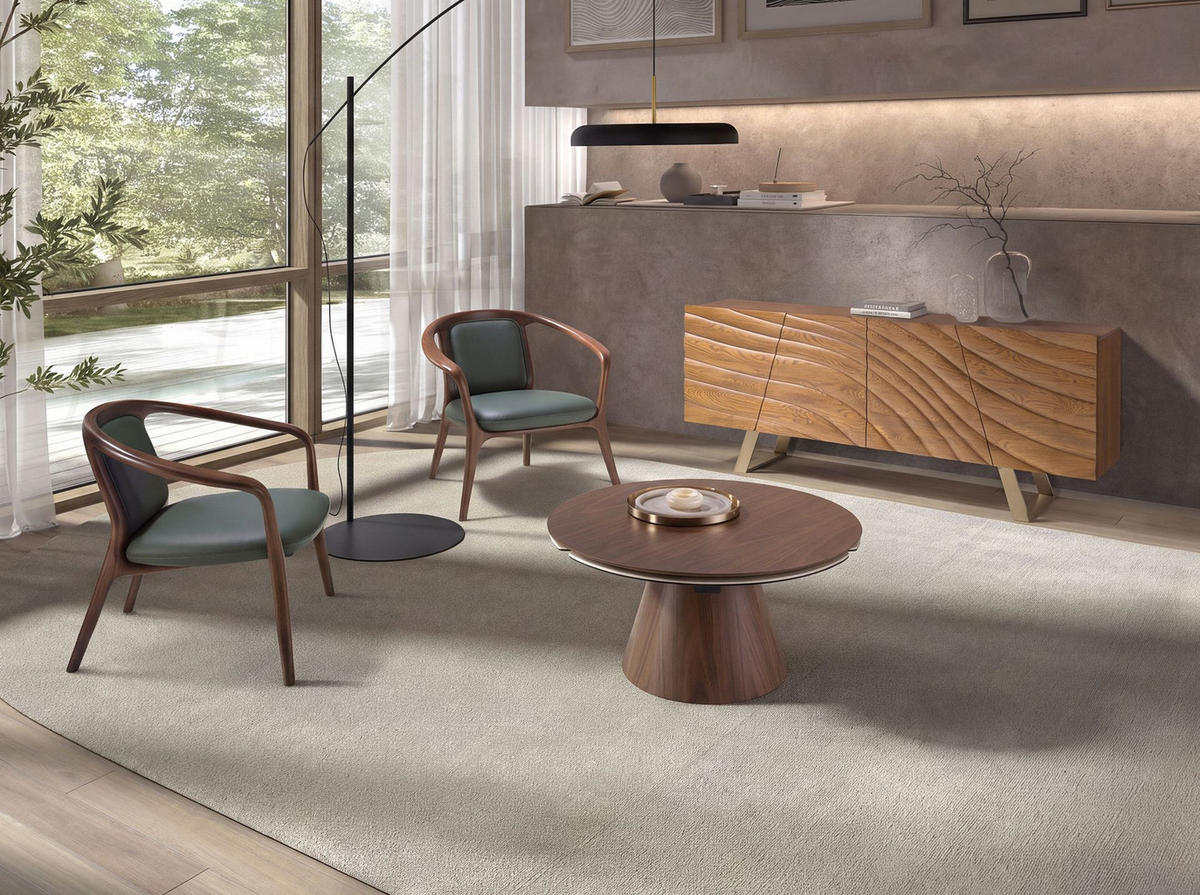 COUCHTISCH Ausziehbarer runder aus Nussbaumholz und Feinsteinzeug Ø80/43 cm - Sandfarben/Titanfarben, Holz/Keramik (80/80/43cm) - ANGEL CERDA
