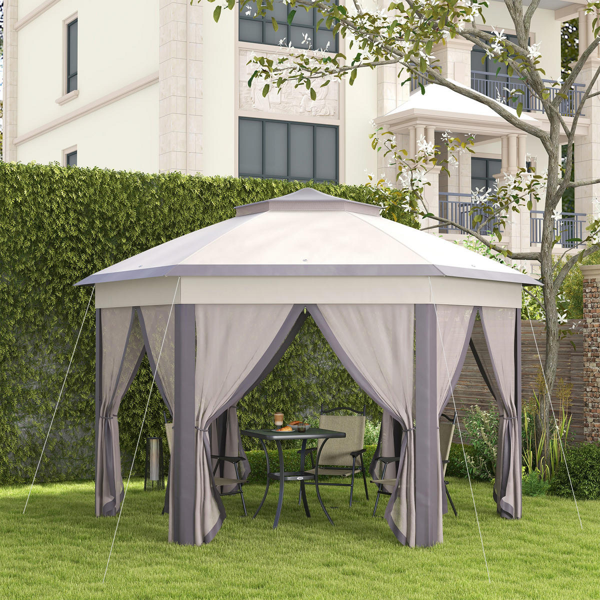FALTPAVILLON, Weiß, Metall, Polyesterstoff, Mesh - Braun, Metall (405/285/405cm) - Outsunny