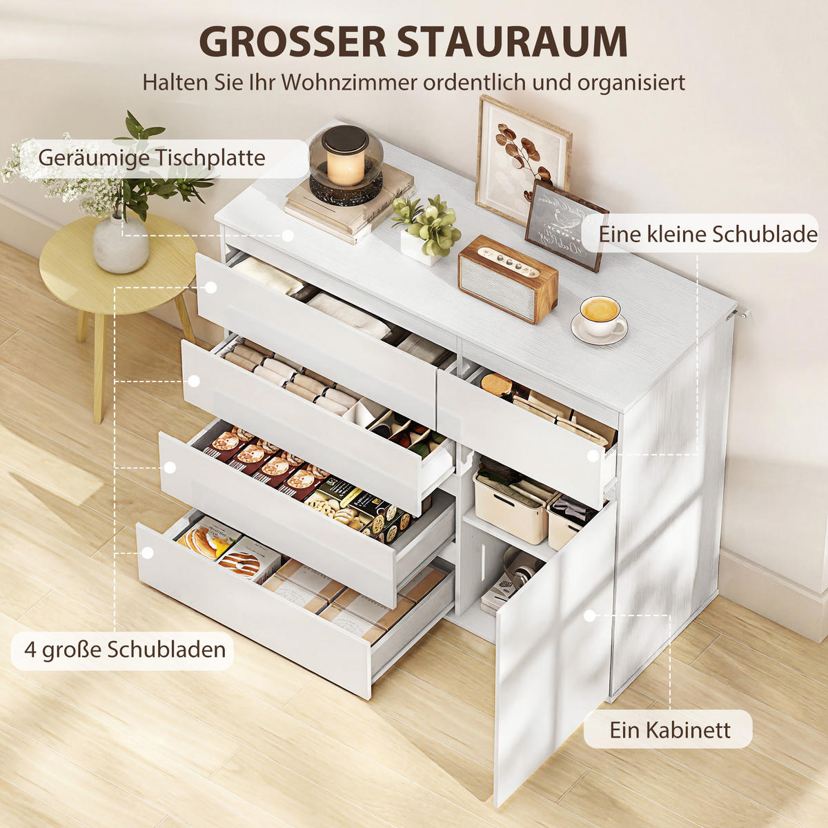 SIDEBOARD Weiß Hochglanz mit 5 Schubladen - Weiß Hochglanz, Holzwerkstoff (100/80/40cm) - PANGIVO