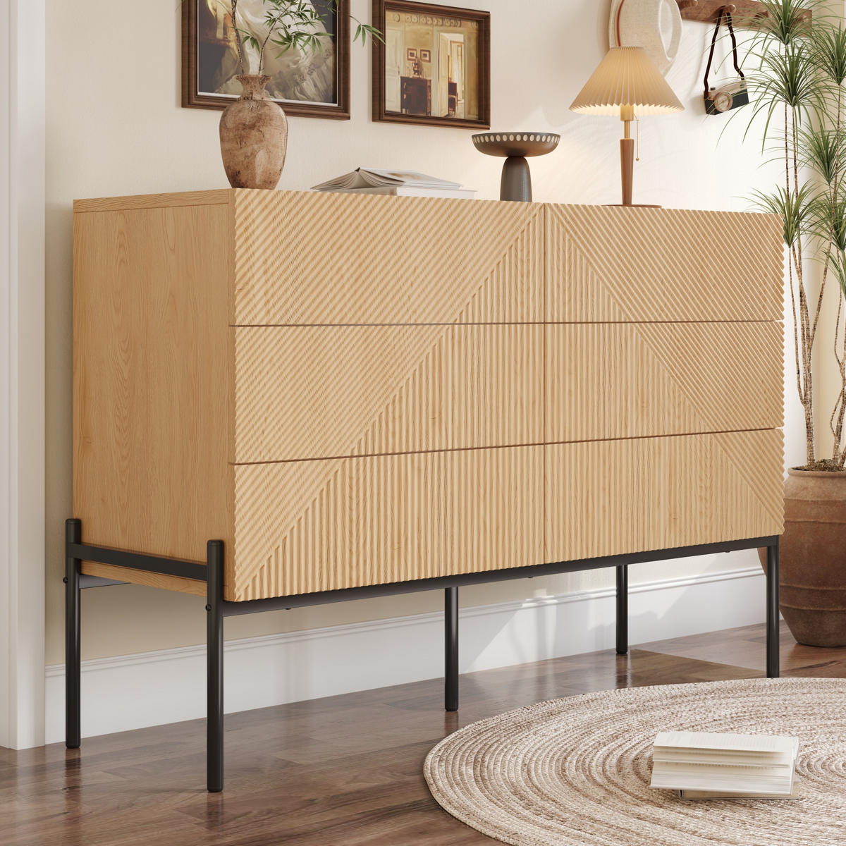 SIDEBOARD 6 Schubladen 3D Struktur - Naturfarben, Holz (115.5/75/38cm) - LEBENLANG