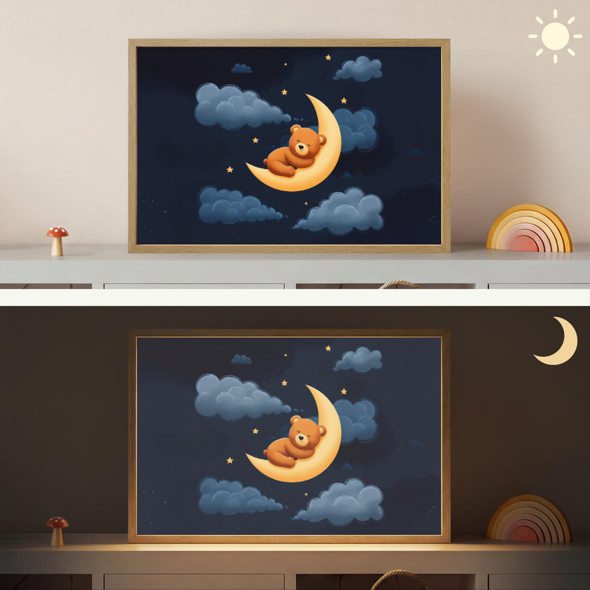 NÁSTĚNNÁ LAMPA S AKUMULÁTOREM Medvídek - Měsíc - Mraky - Hvězdy 60x40 cm - tmavě modrá, kompozitní dřevo (60/40/8cm) - OnlyWow