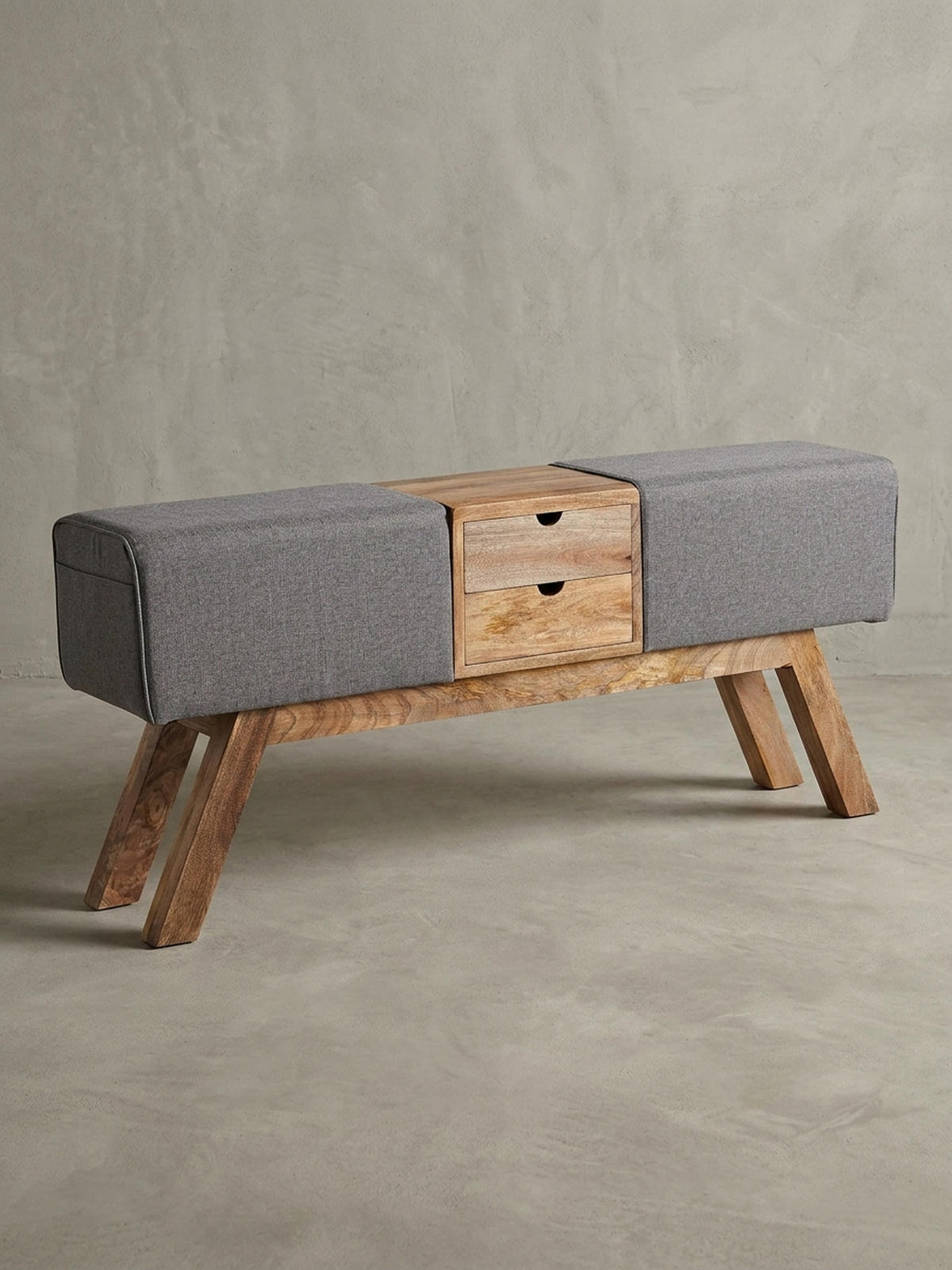 SITZBANK Massivholz Stoffbezug mit 2 Schubladen, Grau 120x30x56 cm - Braun/Grau, Mangoholz/Textil (120/56/30cm) - KADIMA DESIGN