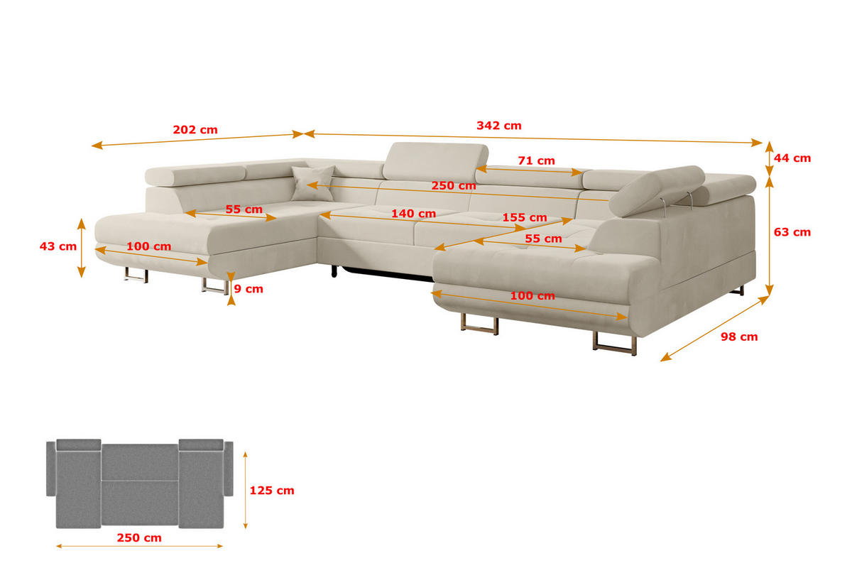 WOHNLANDSCHAFT mit Schlaffunktion und Bettkasten GUSA-U 342x202x107 cm Beige Velours - Beige/Silberfarben, Holzwerkstoff/Textil (342/107/202cm) - ALTDECOR