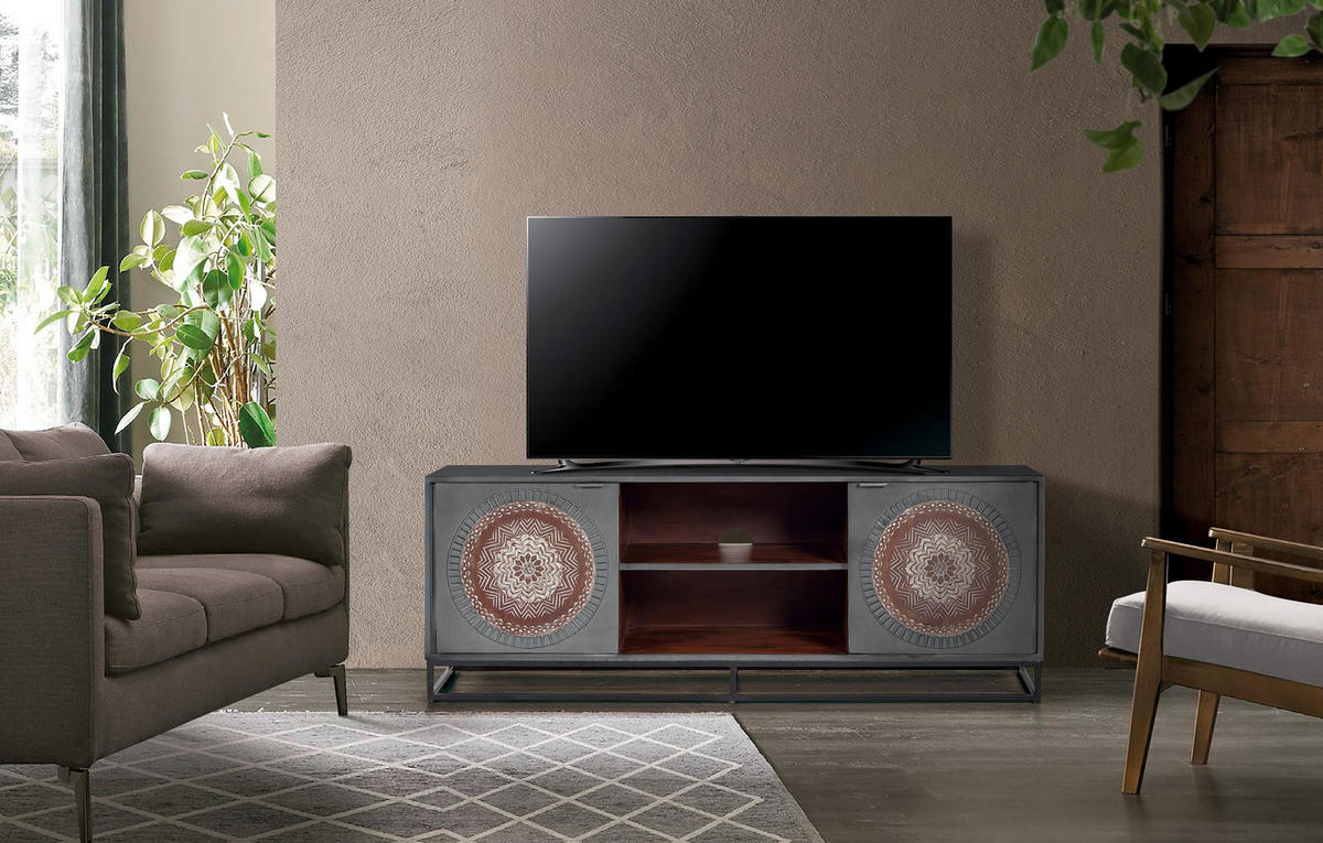 TV-SCHRANK aus Mangoholz mit grauen und braunen Metallbeinen - Grau, Holz (150/56/40cm) - Giner y Colomer