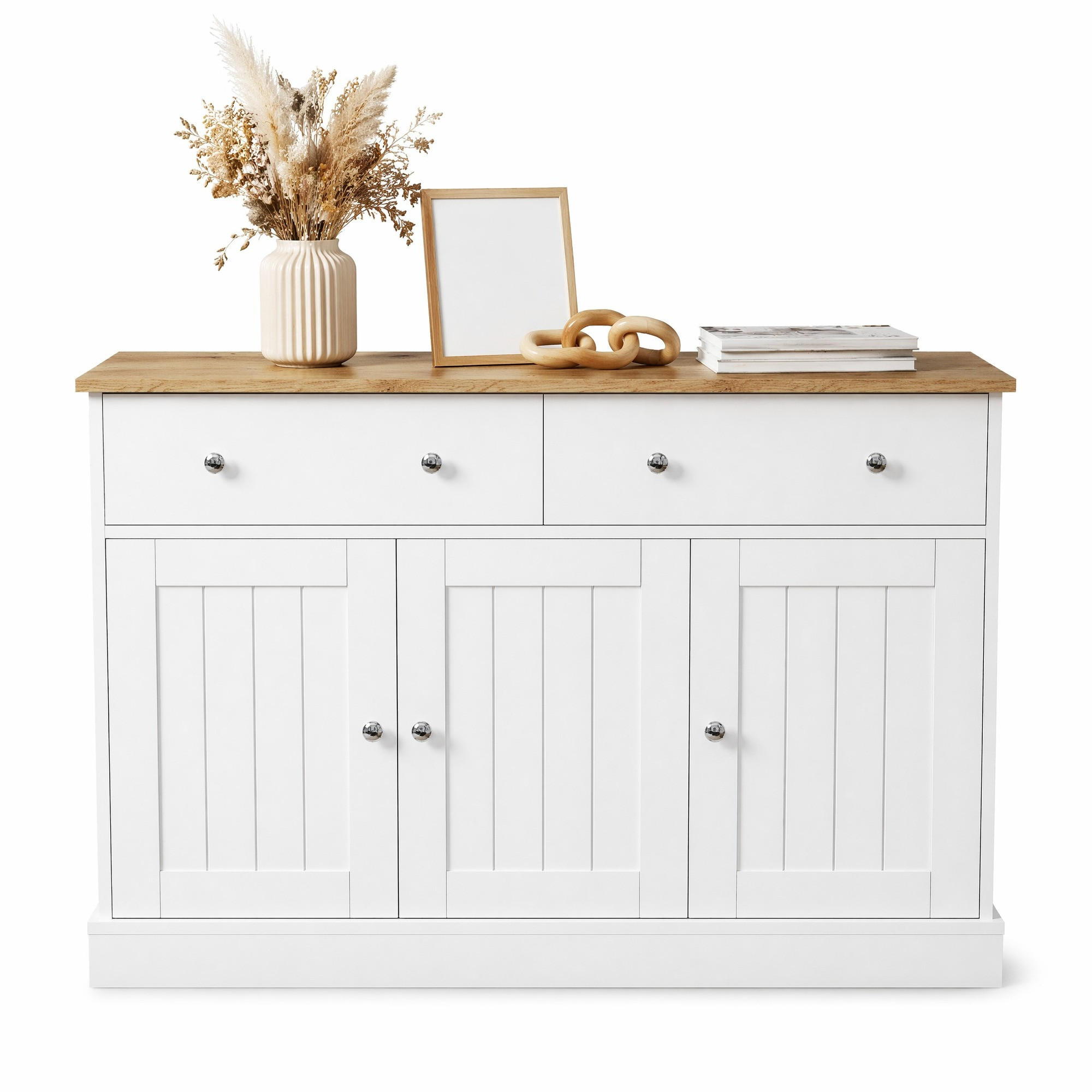 SIDEBOARD in Weiß und Naturfarben Kommode mit gravierter Textur für Wohnzimmer und Esszimmer, B120/T36/H80.5 cm - Weiß, Holzwerkstoff/Metall (120/80.5/36cm) - STILVORA
